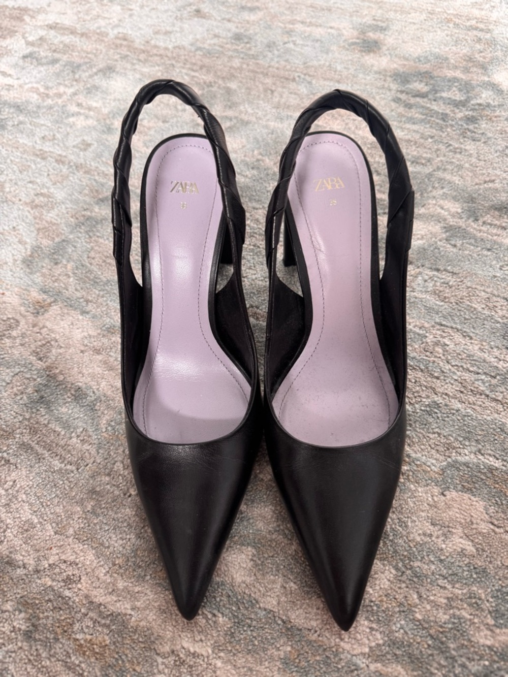 Zara Black Pointed-Toe Slingback Heels with Lavender Insole